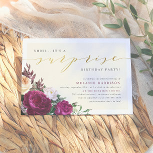 Invitation Bourgogne et crème Florale Surprise Anniversaire