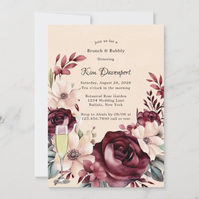 Invitation Bourgogne et crème Rose Brunch & Bubbly (Devant)