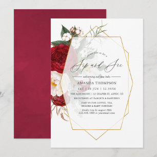Invitation Bourgogne et fleurs géométriques blanches Sip and