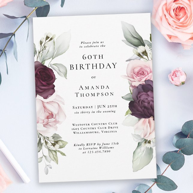 Invitation Bourgogne et fleurs roses 60e anniversaire (Créateur téléchargé)