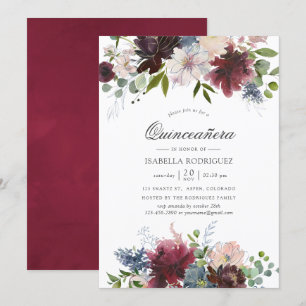 Invitation Bourgogne et floral aquarelle Navy Quinceañera