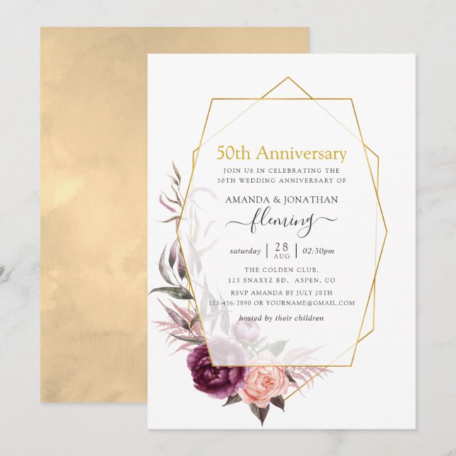 Invitation Bourgogne et floral géométrique rose pour 50e anni (Devant / Derrière)
