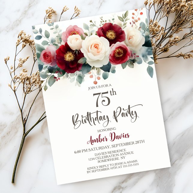 Invitation Bourgogne et Flore blanche 75e fête d'anniversaire (Créateur téléchargé)