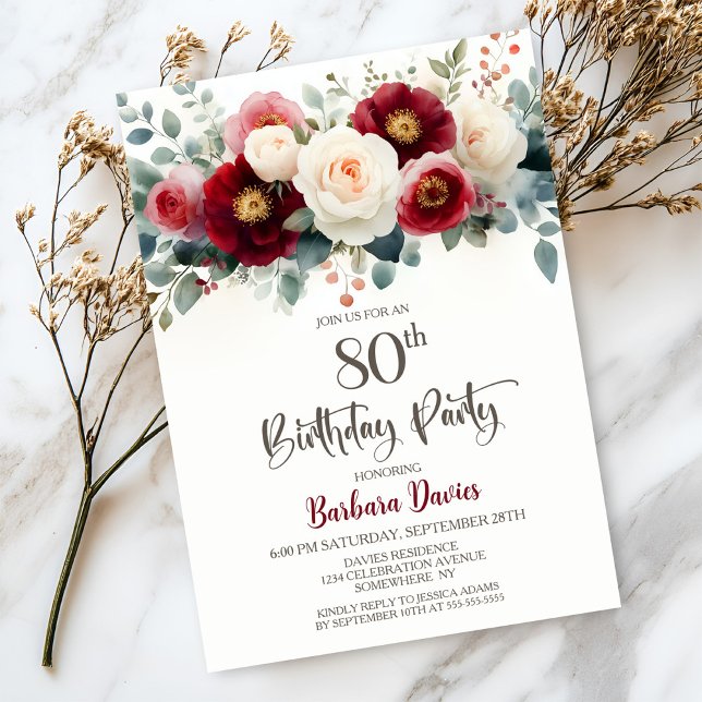 Invitation Bourgogne et Flore blanche 80e fête d'anniversaire (Créateur téléchargé)