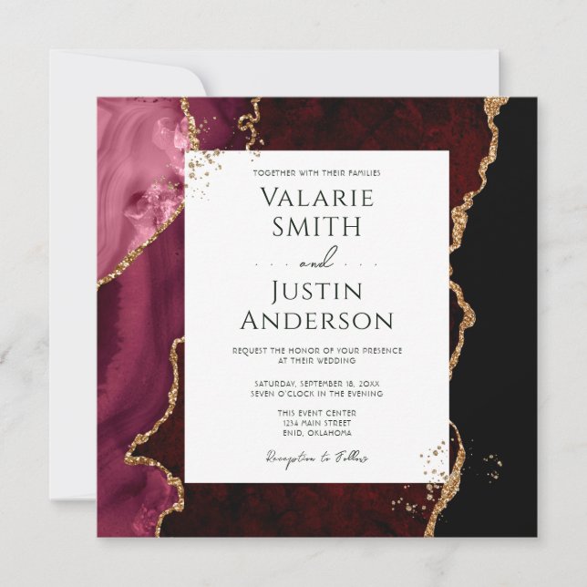 Invitation Bourgogne et Gold Agate Mariage en pierre (Devant)
