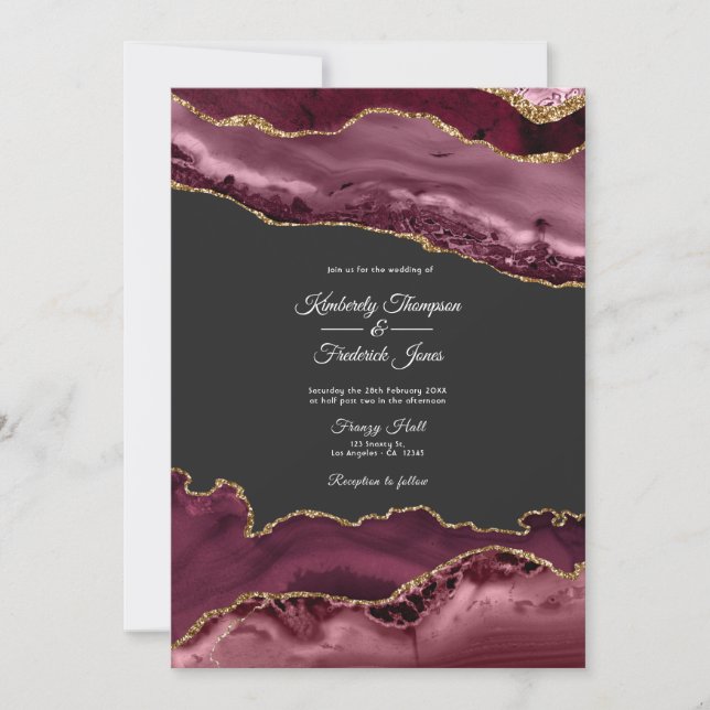 Invitation Bourgogne et Gold Agate Mariage en pierre (Devant)