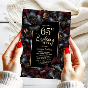 Invitation Bourgogne et grise Fleur 65e anniversaire
