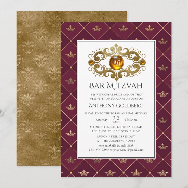 Invitation Bourgogne et héraldique d'or Monogram Bar Mitzvah (Devant / Derrière)