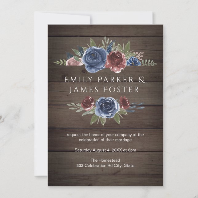 Invitation Bourgogne et Mariage de bois rustique flush de la  (Devant)