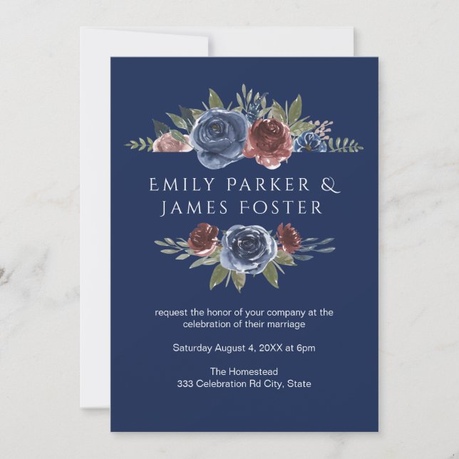 Invitation Bourgogne et Mariage floral rustique de la marine  (Devant)