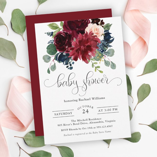 Invitation Bourgogne et marine Baby shower floral (Créateur téléchargé)