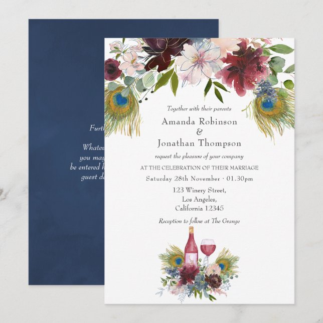 Invitation Bourgogne et marine Peacock Vin à thème Mariage (Devant / Derrière)
