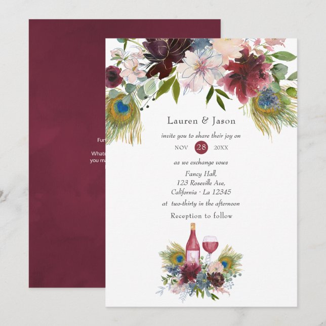 Invitation Bourgogne et marine Peacock Vin à thème Mariage (Devant / Derrière)