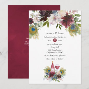 Invitation Bourgogne et marine Peacock Vin à thème Mariage