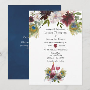 Invitation Bourgogne et marine Peacock Vin à thème Mariage