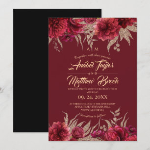Invitation Bourgogne et noir ⎮ Fleurs rouges florales Mariage