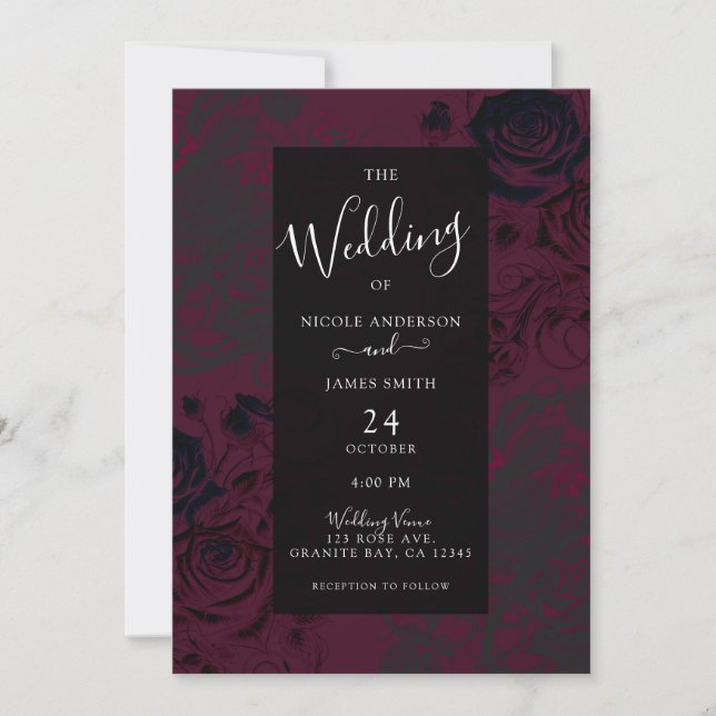 Invitation Bourgogne et noir Jardin sombre Mariage de glam go (Devant)