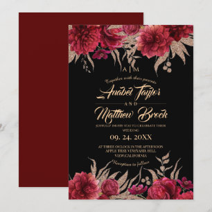 Invitation Bourgogne et noir ⎮ Mariage floral or et rouge