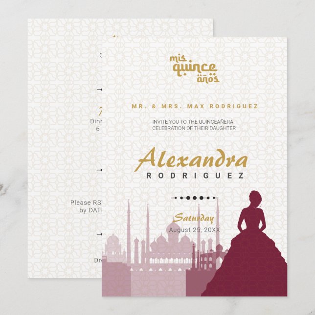 Invitation Bourgogne et or Arabe Quinceañera Photo (Devant / Derrière)