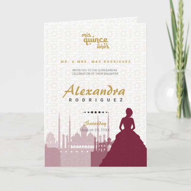Invitation Bourgogne et or Arabe Quinceañera Photo (Devant)