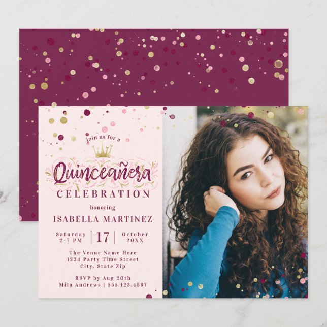 Invitation Bourgogne et or Confetti Quinceañera avec photo (Devant / Derrière)