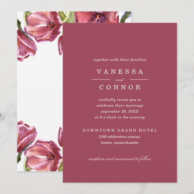 Invitation Bourgogne et pavots Elegant Boho Floral Mariage (Devant / Derrière)