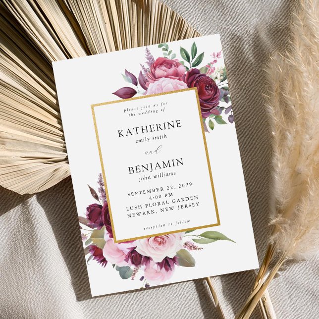 Invitation Bourgogne et rose Elégant Mariage floral (Créateur téléchargé)