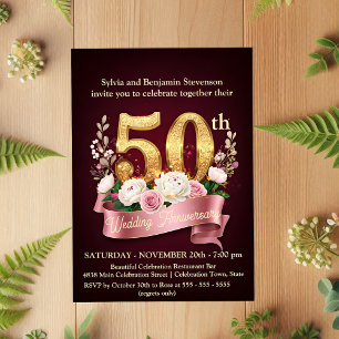 Invitation Bourgogne et Rose Floral 50e anniversaire du Maria