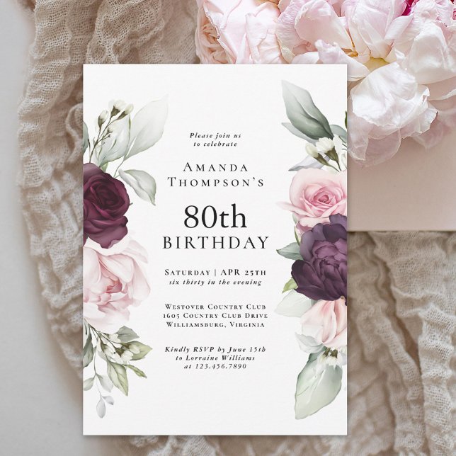 Invitation Bourgogne et rose Floral Elégant 80e anniversaire (Available as both printed and paperless digital download!)