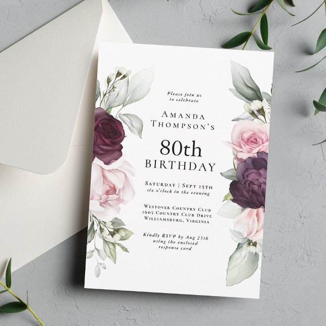 Invitation Bourgogne et rose Floral Elégant 80e anniversaire (Créateur téléchargé)