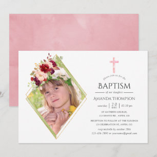 Invitation Bourgogne et rose géométrique baptême ou baptême