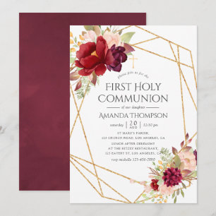 Invitation Bourgogne et rose géométrique Première Sainte Comm