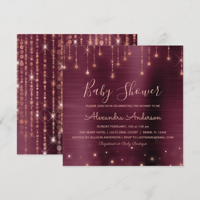 Invitation Bourgogne et Rose Gold Baby shower Party (Devant / Derrière)