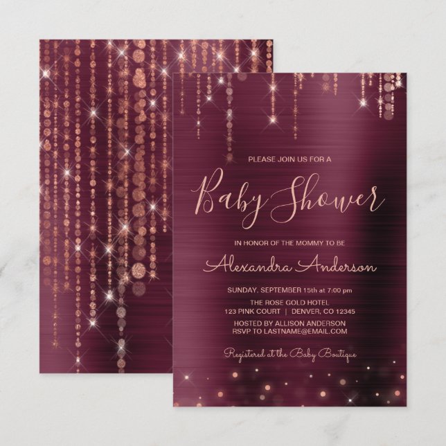 Invitation Bourgogne et Rose Gold Baby shower Party (Devant / Derrière)