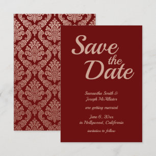 Invitation Bourgogne et Rose Gold Damask Enregistrer la date