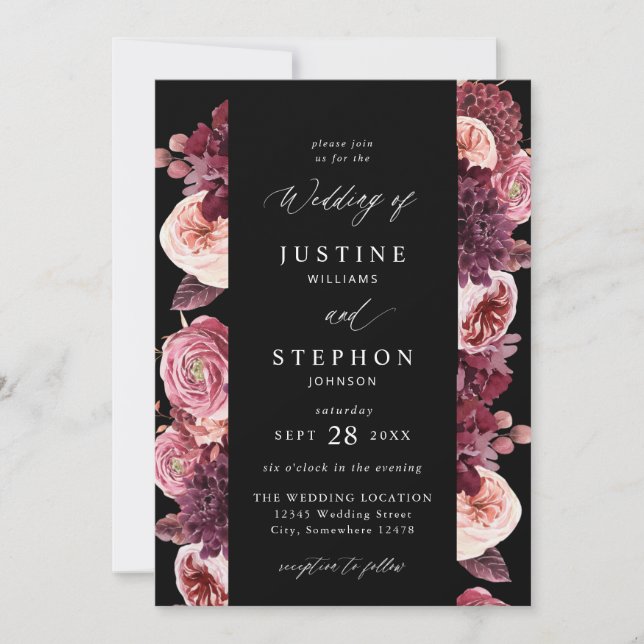 Invitation Bourgogne et rose pâle 8B Mariage 2 - Noir (Devant)