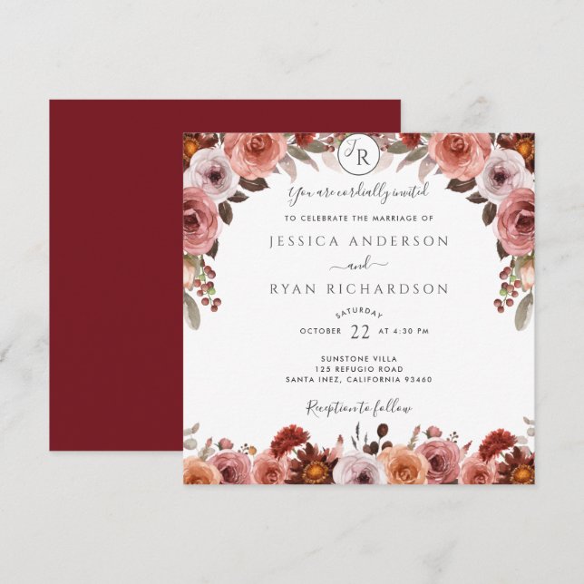 Invitation Bourgogne et rousse, Mariage floral élégant (Devant / Derrière)