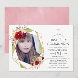 Invitation Bourgogne et rousse Première communion sainte géom