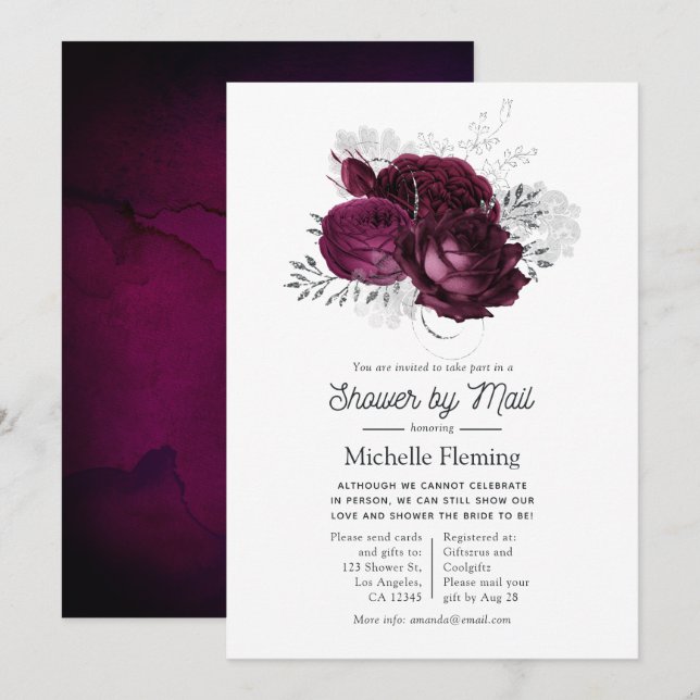 Invitation Bourgogne et Silver Floral Douche par courrier (Devant / Derrière)