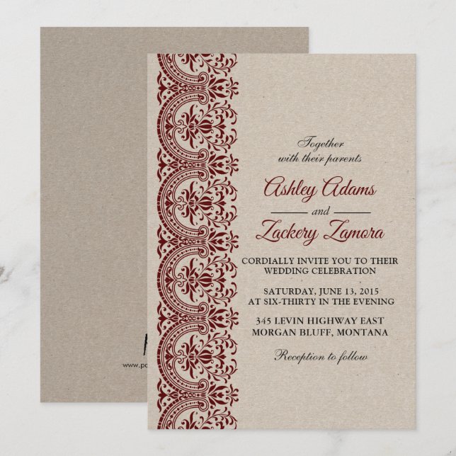 Invitation Bourgogne/Faire-part de mariage de dentelle de vin (Devant / Derrière)