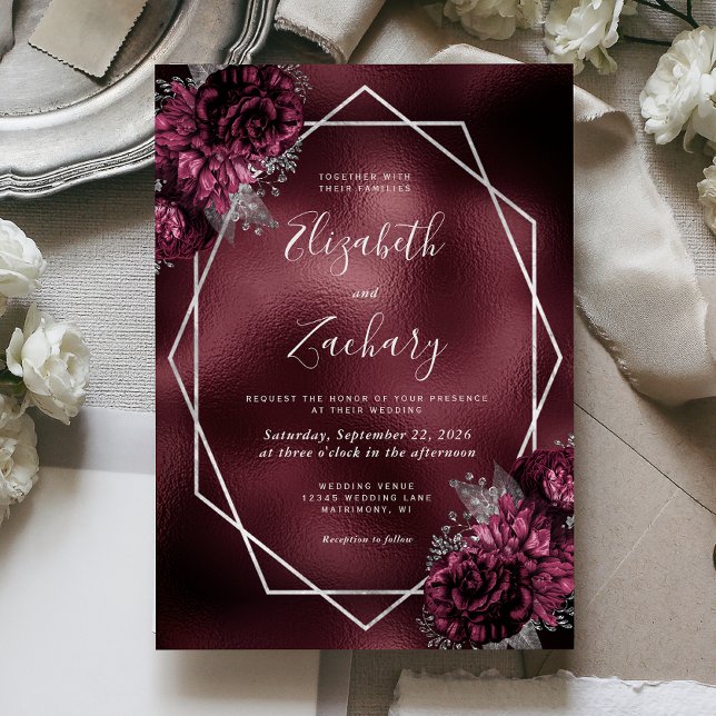 Invitation Bourgogne Faux Foil Argent Frame Floral Mariage (Créateur téléchargé)