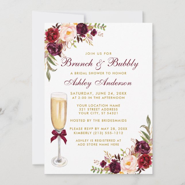 Invitation Bourgogne Fête des mariées Florale Brunch Bubbly G (Devant)