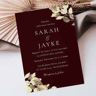 Invitation Bourgogne & Feuille d'or Mariage moderne