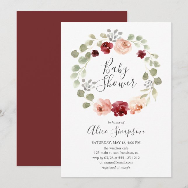Invitation Bourgogne Fleur vert Baby shower Eucalyptus (Devant / Derrière)
