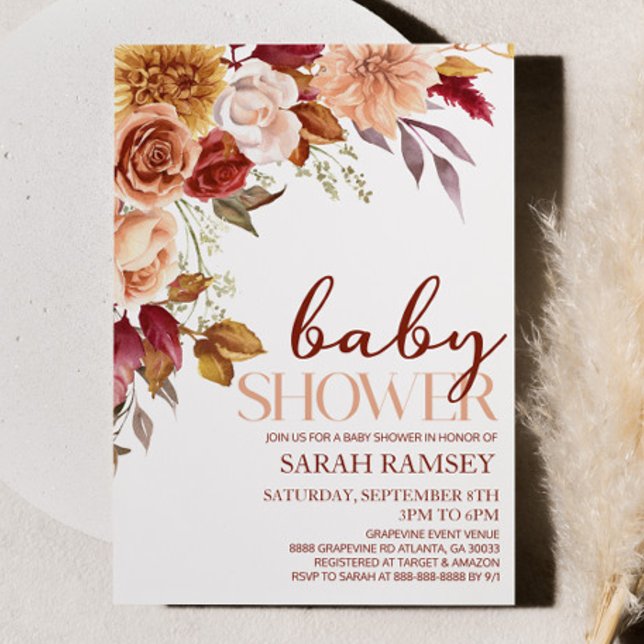 Invitation Bourgogne Fleurs Brown Baby shower Fleurs florales (Créateur téléchargé)