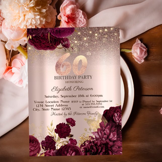Invitation Bourgogne Fleurs Parties scintillant Rose Or 60e a (Créateur téléchargé)