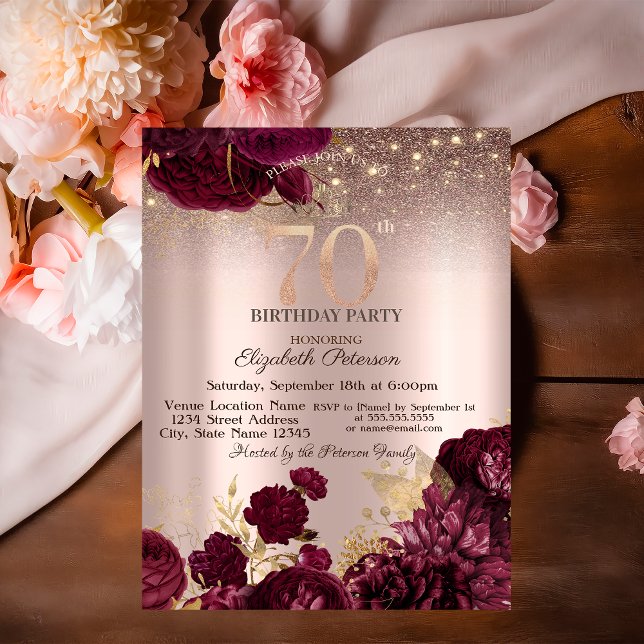 Invitation Bourgogne Fleurs Parties scintillant Rose Or 70e a (Créateur téléchargé)