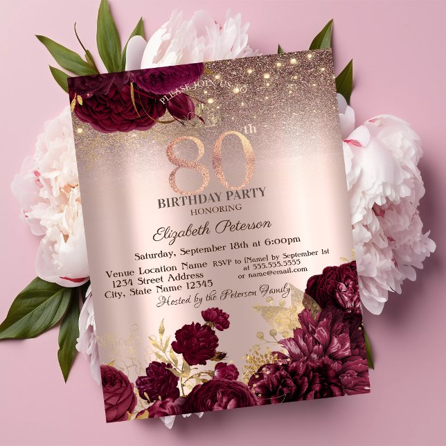 Invitation Bourgogne Fleurs Parties scintillant Rose or 80e a (Créateur téléchargé)