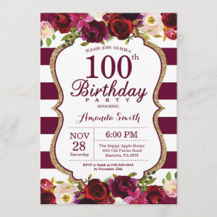 Invitation Bourgogne Floral 100e anniversaire de fête Invitat