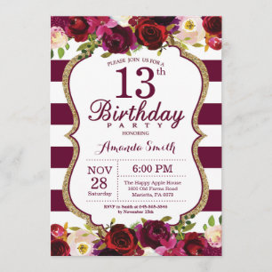 Invitation Bourgogne Floral 13e anniversaire de fête Invitati